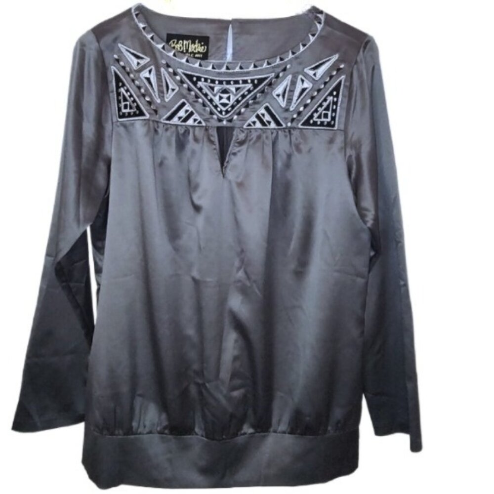 Bob Mackie Gray Satin Blouse with Embroidered Yoke - Picture 2 of 6
